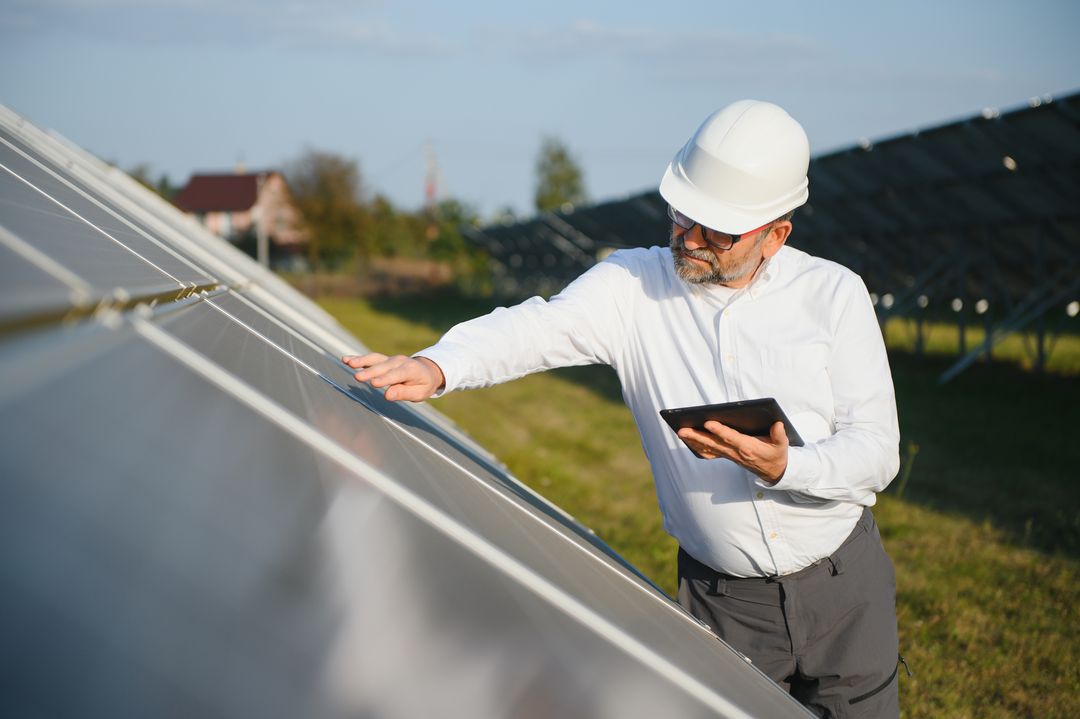 Ingeniero revisando paneles solares con una tablet